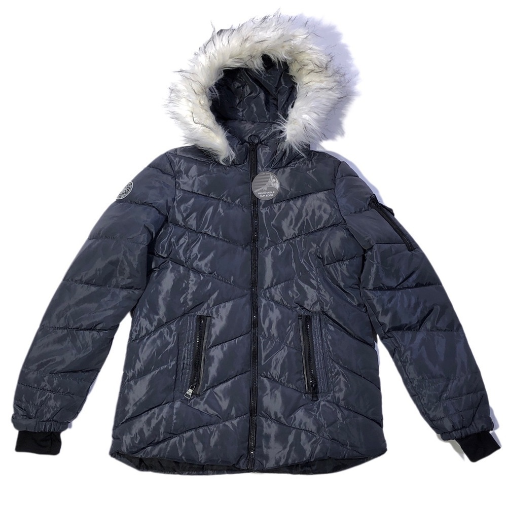 Steve Madden Charcoal Gray Faux Fur Lined Quilted Puffer Zip Up Jacket M